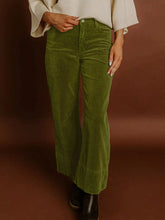 Olive green solid color high waist corduroy solid color flare wide leg pants for casual wear