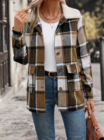 Perfee Pocketed Plaid Button Up Collared Neck Jacket Camel Woman Outerwear