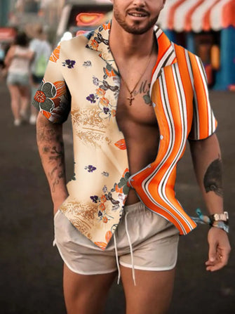Men's Full Size Printed Button Up Short Sleeve Shirt Plus Size Tangerine