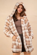 VERY J Fuzzy Plaid Long Sleeve Hooded Jacket CAMEL MIX Woman Outerwear