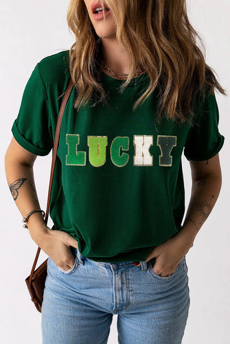 LUCKY Round Neck Short Sleeve T-Shirt Dark Green