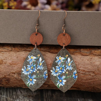 Flower Geometrical Shape Wooden Earrings Light Blue One Size