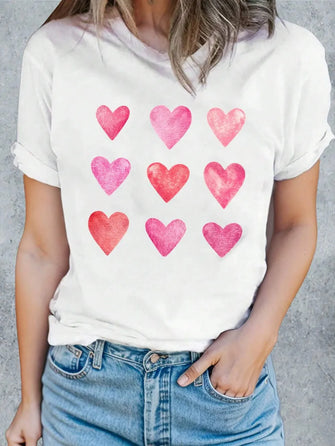 Heart Round Neck Short Sleeve T-Shirt White