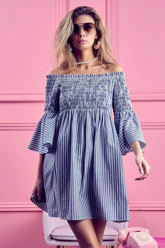 BiBi Smocked Off Shoulder Striped Dress DENIM Casual Dresses