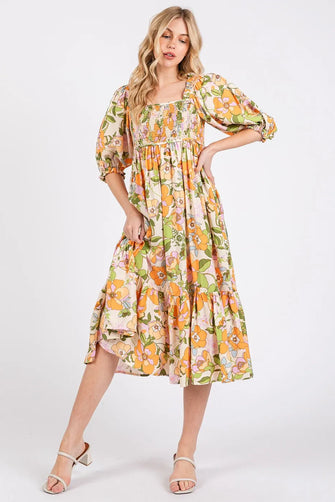 Mittoshop Flower Print Puff Sleeve Ruffle Smocked Midi Dress ORANGE
