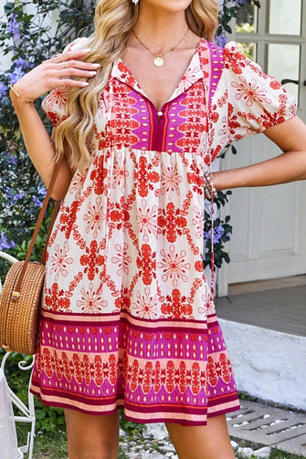 Boho Floral Short Sleeve Tie Neck Mini Dress Hot Pink