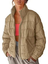 Pocketed Plaid Quilted Zip Up Winter Coat Woman Outerwear