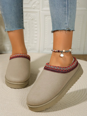 Round Toe Platform Slippers Beige