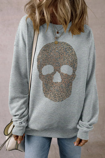 Skull Round Neck Long Sleeve Sweatshirt Gray Woman Sweatshirts