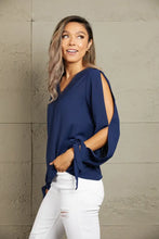 Perfee V-Neck Tie Cuff Slit Blouse Woman Blouses