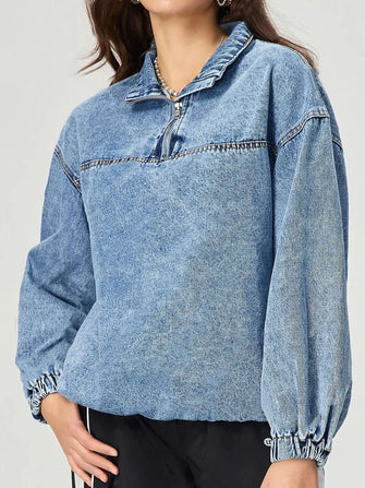 Quarter Zip Collared Neck Denim Top Medium