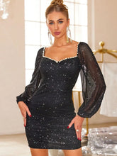 Pearl Trim Sweetheart Neck Long Sleeve Mini Dress Black Cocktail Dress