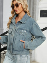 Rhinestone & Peal Trim Button Down Long Sleeve Denim Jacket Casual Dresses