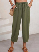 Olive green loose-fitting cotton full size drawstring wide leg cropped pants with elastic waistband plus size