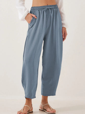 Full Size Drawstring Cropped Jogger Pants Plus Size Air Force Blue