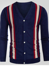 Men's Plus Size Striped V-Neck Button-Up Cardigan Navy Blue