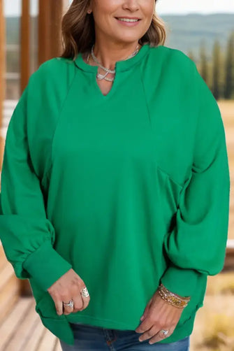 Plus Size Cutout Hem Notched Long Sleeve Sweatshirt Dark Green Woman Sweatshirts
