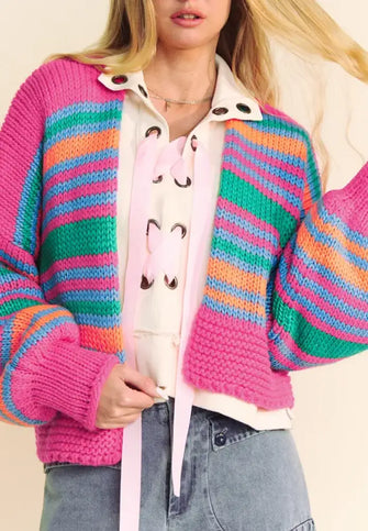 Contrast Striped Open Front Long Sleeve Cardigan Pink Woman Outerwear