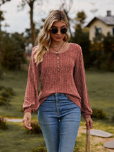 Round Neck Button-Down Long Sleeve Tee Rust