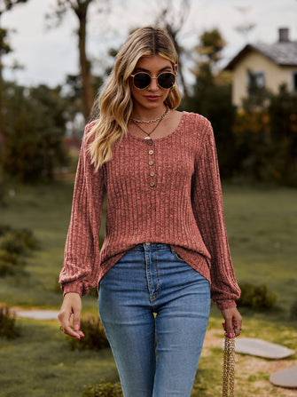 Round Neck Button-Down Long Sleeve Tee Rust