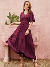 Openwork V-Neck Flare Sleeve Ruched Dress Woman Maxi Dress