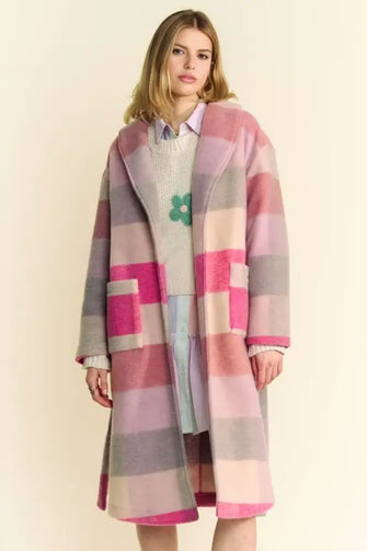 Davi & Dani Tied Color Block Collared Neck Coat Hot Pink Multicolor Woman Outerwear
