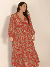 Plus Size Lace Detail Printed Balloon Sleeve Midi Dress Casual Dresses