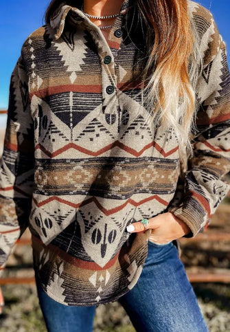 Geometric Half Button Long Sleeve Sweatshirt Taupe Woman Sweatshirts