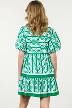 Abstract Patterned V Neck Puff Short Sleeve Mini Dress Casual Dresses