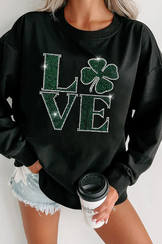 LOVE Rhinestone Clover Round Neck Sweatshirt Black