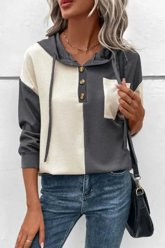 Waffle-Knit Two-Tone Long Sleeve Hoodie Gray Woman Sweatshirts