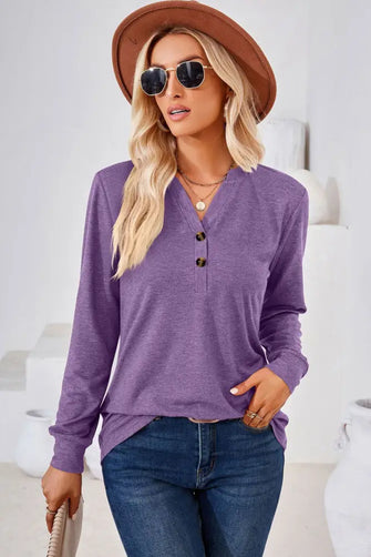 V-Neck Buttoned Long Sleeve Blouse Lavender Woman Blouses