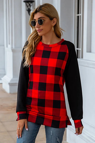 Plaid Round Neck Long Sleeve T-Shirt Scarlet