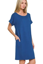 Zenana Rolled Short Sleeve Round Neck Dress LT NAVY Casual Dresses