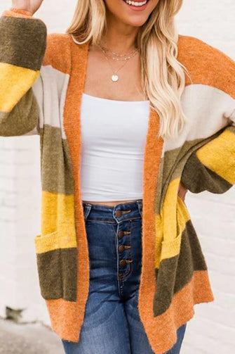 Open Front Color Block Cardigan Stripe