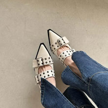 Point Toe Eyelet Buckle Slip-Ons Beige