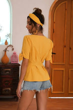 Buttoned V-Neck Short Sleeve Blouse Woman Blouses