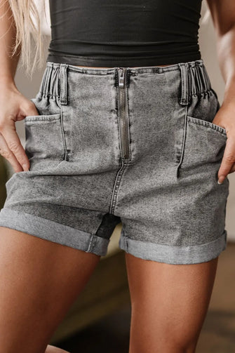 Zipped Cuffed Edge Denim Shorts Gray