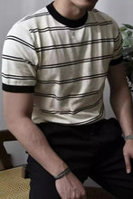 Men's Plus Size Round Neck Striped T-Shirt Beige