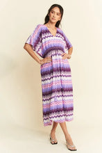Davi & Dani Multi Color Wavy Tie Waist Flowy Sleeve Dress Lilac Multi