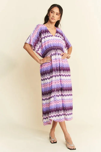 Davi & Dani Multi Color Wavy Tie Waist Flowy Sleeve Dress Lilac Multi