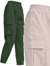 Dark green and beige 2 piece elastic waist cargo pants with side pockets and drawstring cuffs for versatile wear