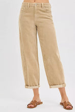Beige RISEN high rise crop barrel corduroy pants with wide-leg cropped design and rolled cuffs offer classic five-pocket style