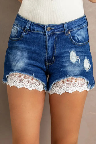 Spliced Lace Distressed Denim Shorts Medium Denim Shorts