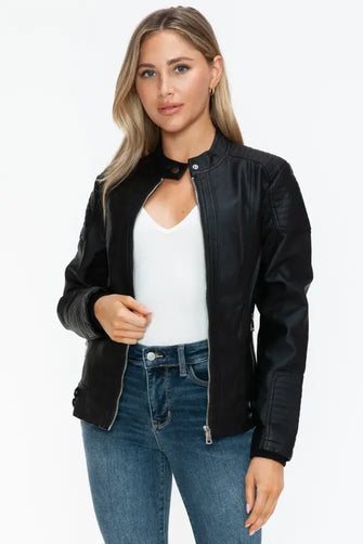 Snobbish Faux Leather Biker Jacket with Side Zip Pockets Black Woman Outerwear