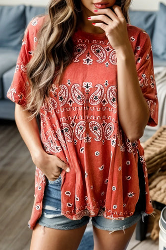 Printed Slit Dropped Shoulder T-Shirt Hot Pink