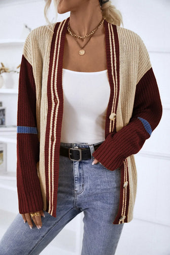 Contrast Button Up Dropped Shoulder Cardigan Burgundy