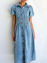 Puff Sleeve Button Front Denim Midi Dress Blue