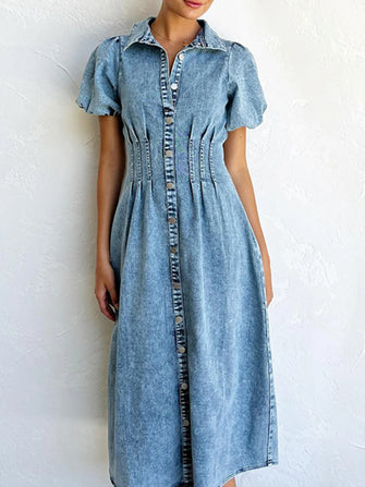Puff Sleeve Button Front Denim Midi Dress Blue