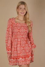VERY J Printed Smocked Chest Boho Mini Dress Rust Casual Dresses